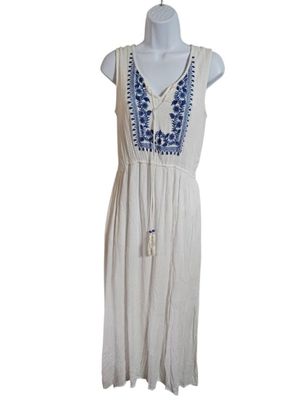 Magic Women M Maxi Dress White Blue Embroidered Cotton Boho Investment Essential - Picture 2 of 6